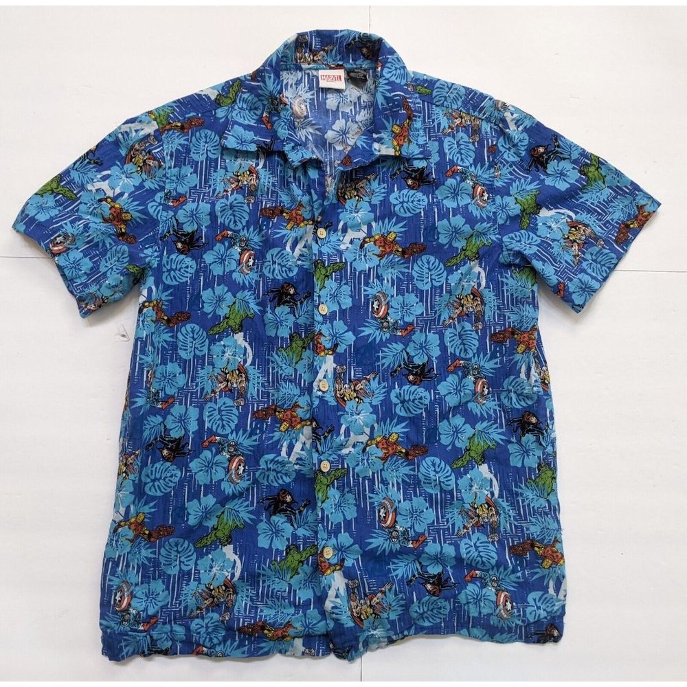Marvel Avengers Mens Blue Hawaiian Button Up Shirt Iron Man Thor Hulk Widow MED